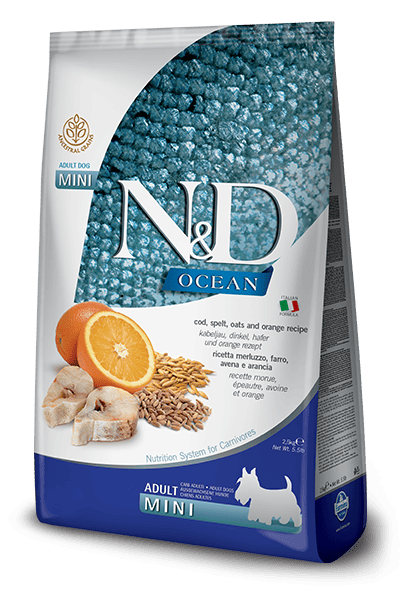 Farmina N&D dog OCEAN (AG) adult mini, codfish, spelt, oats & orange 2,5 kg