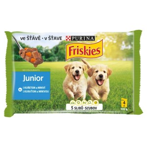 FRISKIES Junior pre šteňatá s kuraťom a mrkvou v šťave 4 x 100 g