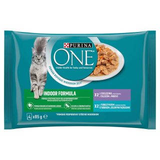 PURINA ONE INDOOR multibalenie s tuniakom, zelenými fazuľkami, teľacím, mrkvou v šťave 4 x 85 g