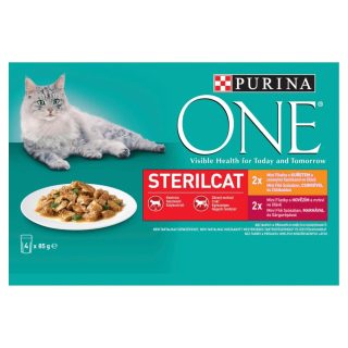 PURINA ONE STERILCAT multibalenie s kuraťom, zelenými fazuľkami, hovädzím, mrkvou v šťave, 4 x 85 g