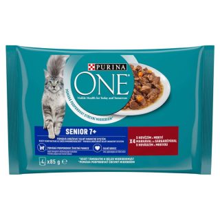 PURINA ONE SENIOR 7+ kapsičky - multibalenie s hovädzím a mrkvou v šťave, 4 x 85 g