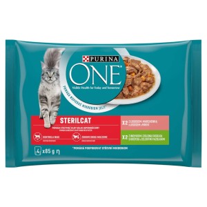 PURINA ONE STERILCAT multibalenie s morkou, zelenými fazuľkami, lososom, mrkvou v šťave, 4 x 85 g