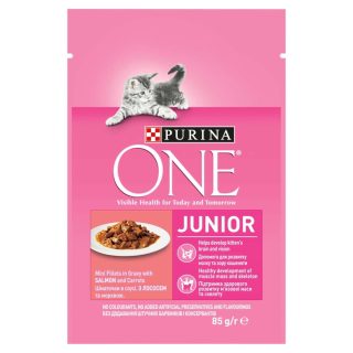 PURINA ONE JUNIOR mini filetky s lososom a mrkvou v šťave 85 g