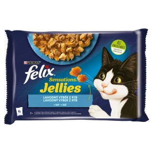 FELIX Sensations Jellies s lososom v želé ochutenom krevetami + treskou v želé s rajčinami 4 x 85 g