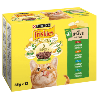 PURINA FRISKIES multipack s hovädzím, kuraťom, tuniakom, treskou v šťave 12 x 85 g