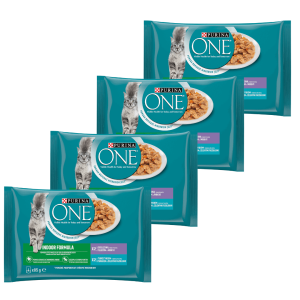 PURINA ONE INDOOR multibalenie s tuniakom, zelenými fazuľkami, teľacím, mrkvou v šťave 4 x 85 g