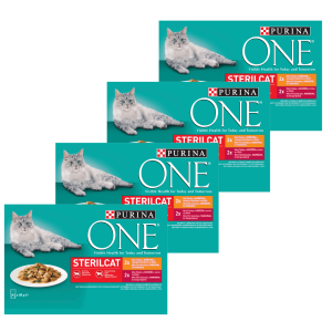 PURINA ONE STERILCAT multibalenie s kuraťom, zelenými fazuľkami, hovädzím, mrkvou v šťave, 4 x 85 g