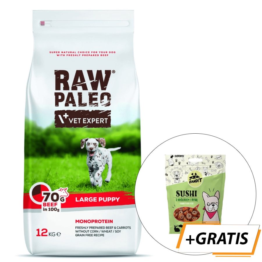VetExpert Raw Paleo puppy large beef 12 kg + pamlsok Mr. Bandit 500 g gratis