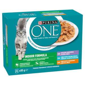 PURINA ONE INDOOR s teľacím, mrkvou, kuraťom, mrkvou, tuniakom, zelenými fazuľkami v šťave 12 x 85 g